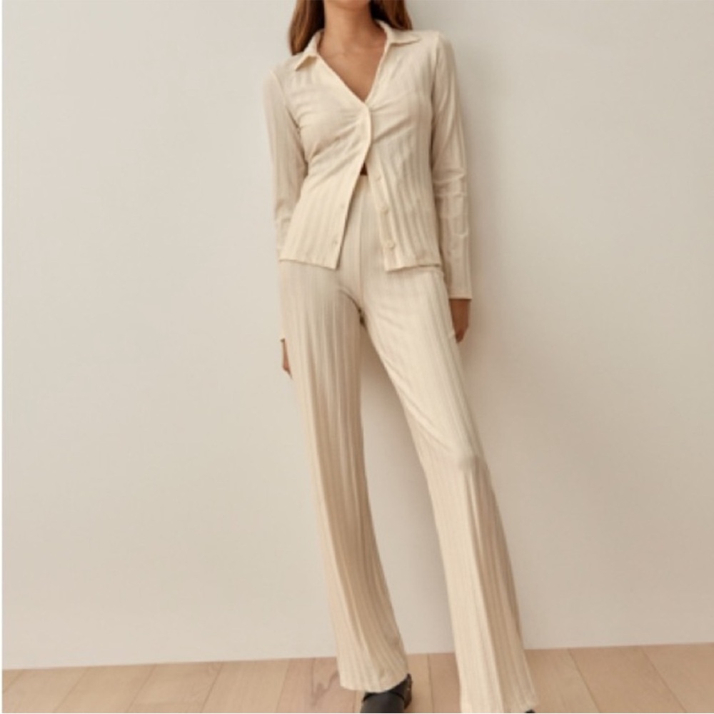 SET: Reformation Zayne Cream Lounge Wide Leg Pants & Button Down Collared Top